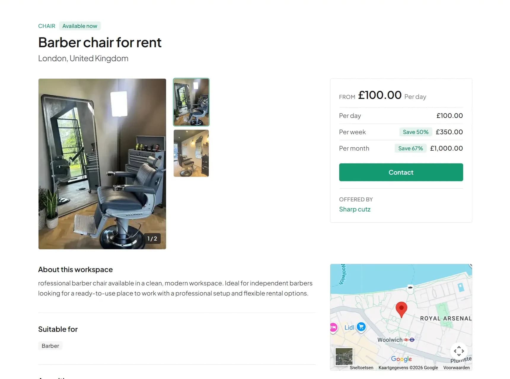 A ListChair page for a barber chair for rent