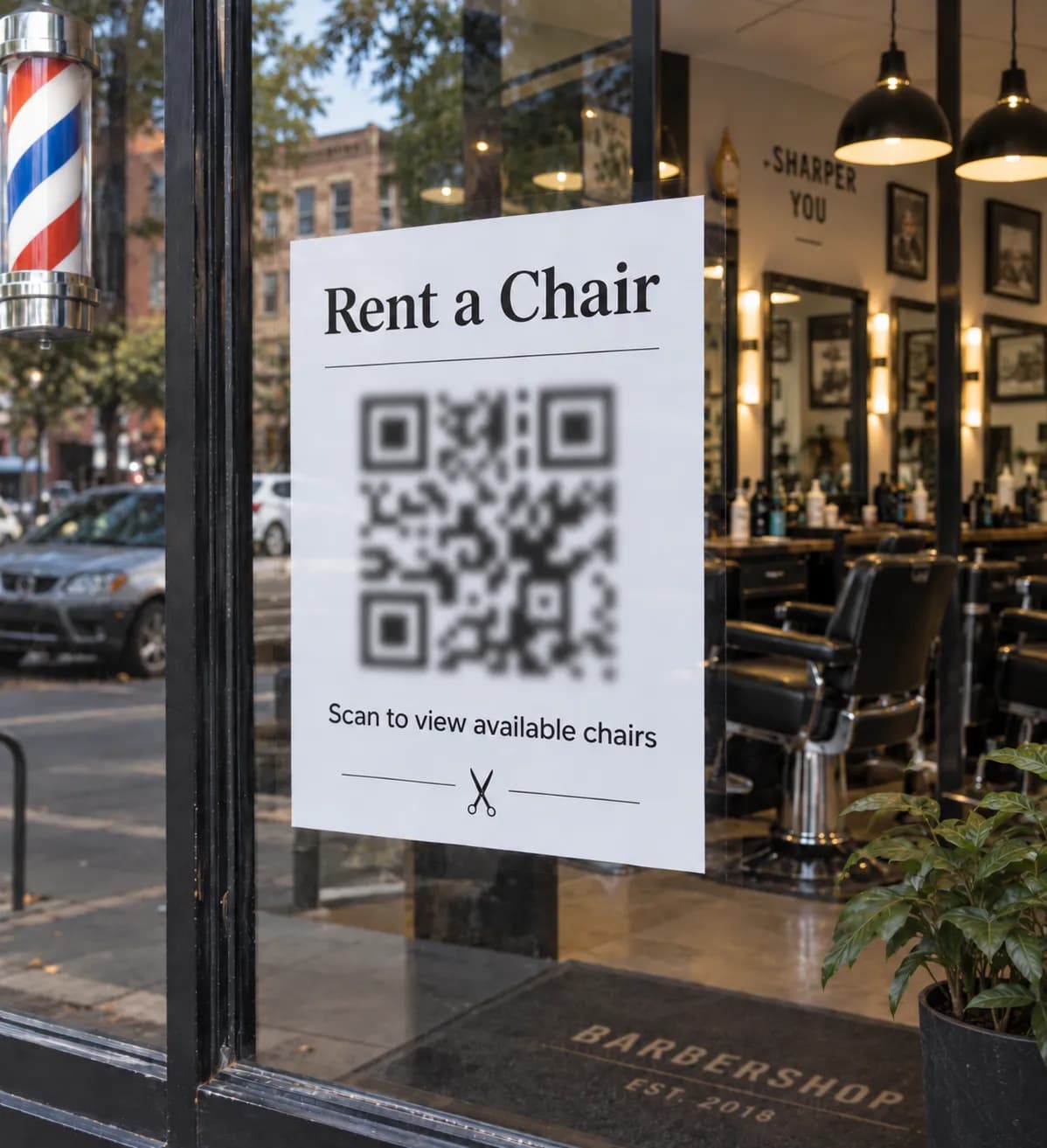 A barbershop window with a rental poster and scannable QR code